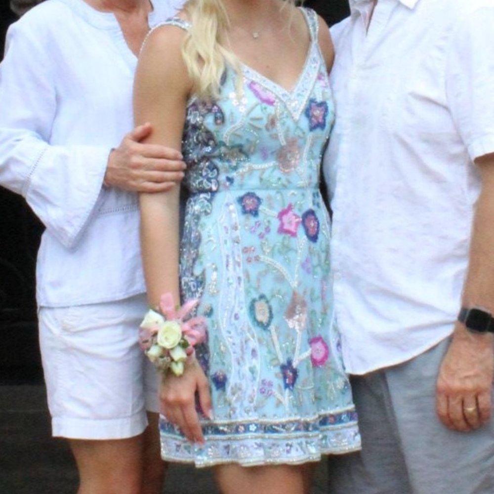 Floral blue beaded cocktail dress